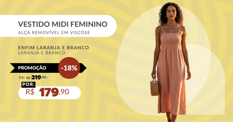 Vestido Midi Feminino Listrado Alça Removível Em Viscose 1000121021 Enfim Laranja e Branco