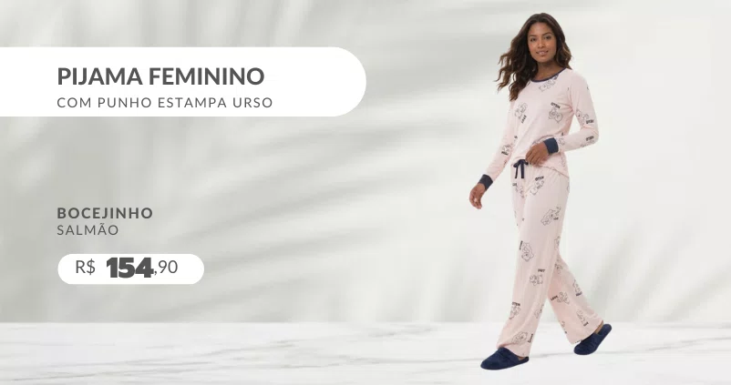 Pijama Feminino Com Punho Estampa Urso 5606 Bocejinho Salmão