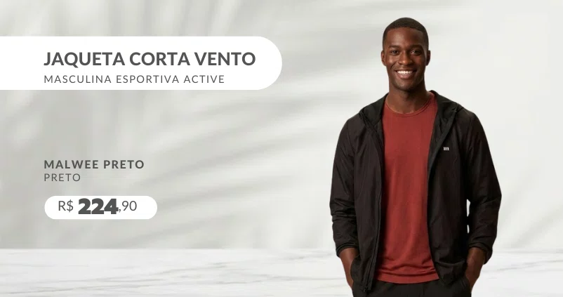 Jaqueta Corta Vento Masculina Esportiva Active 1000137008 Malwee Preto