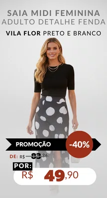 Saia Midi Feminina Adulto Detalhe Fenda V583T Vila Flor Preto e Branco