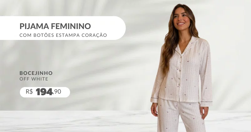 Pijama Feminino Com Botões Estampa Coração 6144 Bocejinho Off White