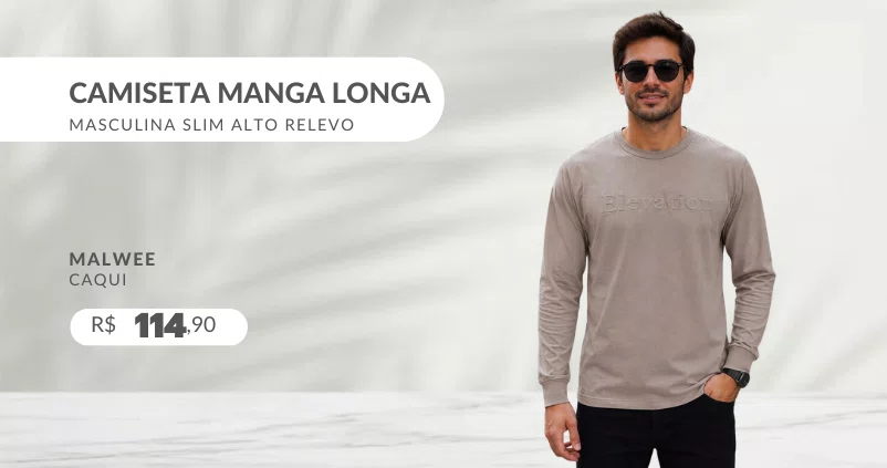 Camiseta Manga Longa Masculina Slim Alto Relevo 1000136298 Malwee Caqui
