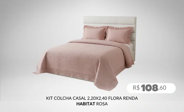 Kit Colcha Casal 2,20x2,40 Flora Renda Habitat Rosa