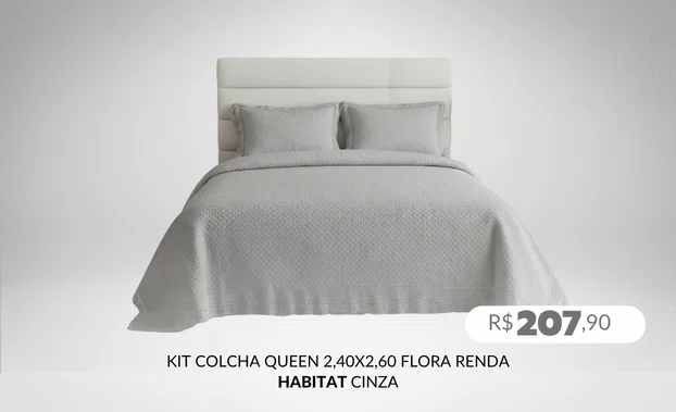 Kit Colcha Queen 2,40x2,60 Flora Renda Habitat Cinza