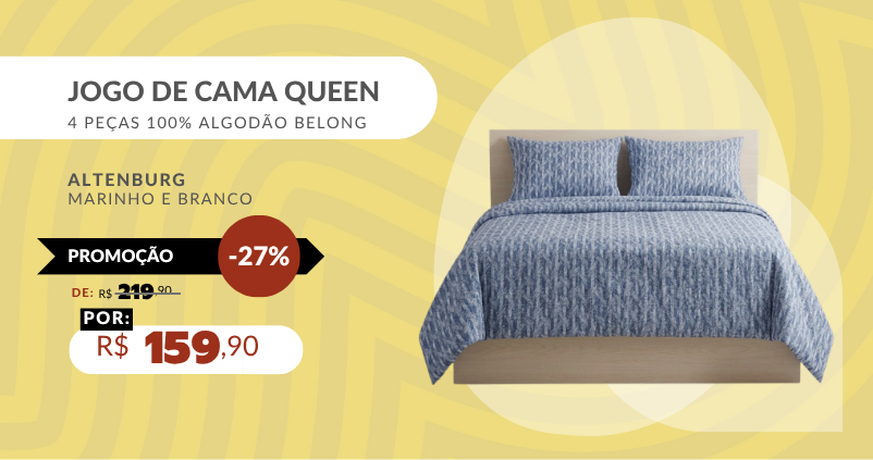 Jogo de Cama Queen 4 Peças 100% Algodão Belong Altenburg Marinho e Branco