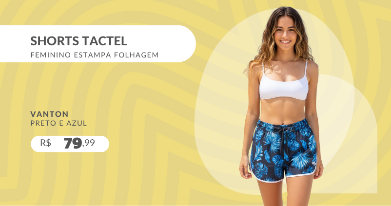 Shorts Tactel Feminino Estampa Folhagem 332051 Vanton Preto e Azul