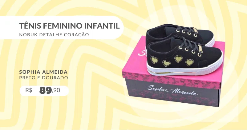 Tênis Feminino Infantil Nobuk Detalhe Coração 633C4 Sophia Almeida Preto e Dourado