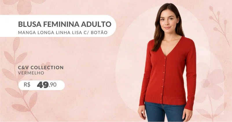 Blusa Feminina Adulto Manga Longa Linha Lisa Com Botão C&V Collection 1662 Vermelho