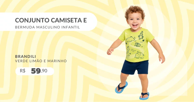 Conjunto Camiseta e Bermuda Masculino Infantil 1/3 26842 Brandili Verde Limão e Marinho