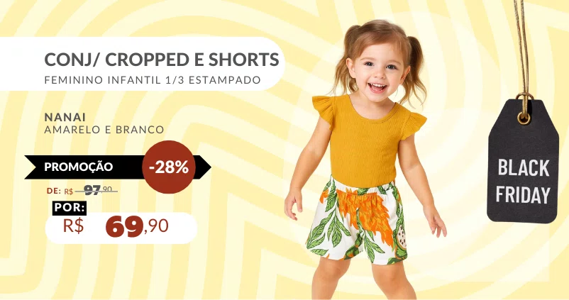 Conjunto Cropped e Shorts Feminino Infantil 1/3 Estampado 6000271 Nanai Amarelo e Branco