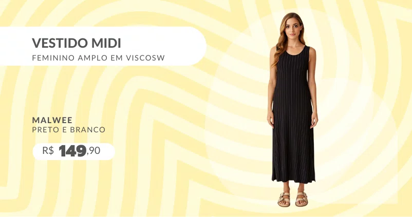 Vestido Midi Feminino Amplo Em Viscose 1000129581 Malwee Preto e Branco