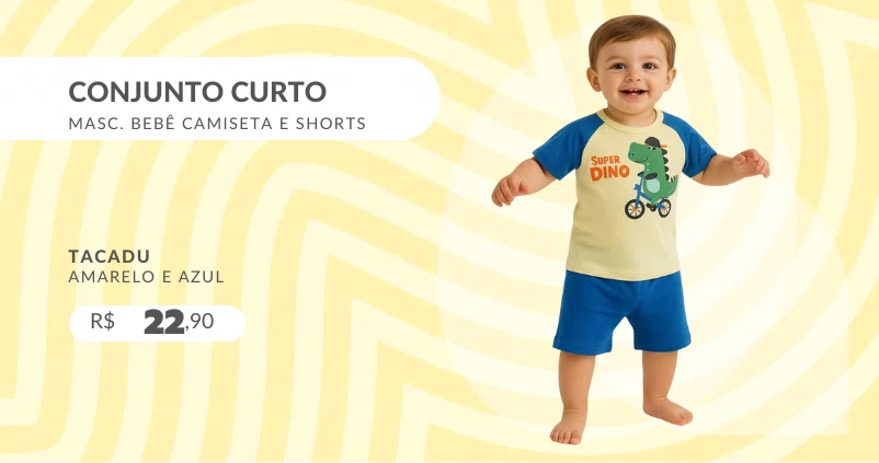 Conjunto Curto Masculino Bebê Camiseta E Shorts Estampa Super Dino 719 Tacadu Amarelo E Azul