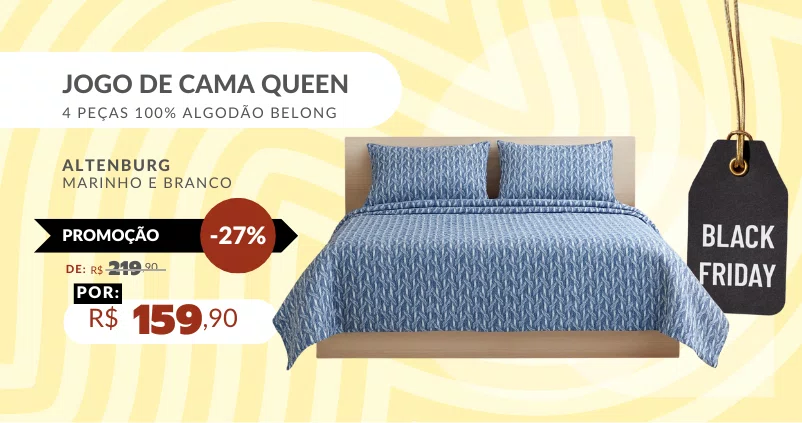 Jogo de Cama Queen 4 Peças 100% Algodão Belong Altenburg Marinho e Branco