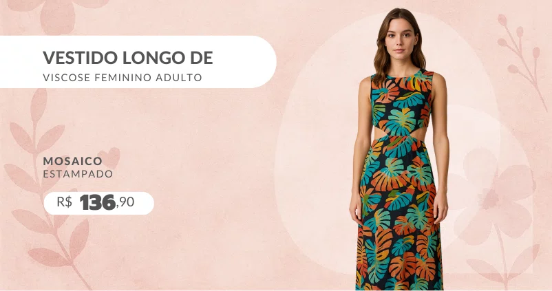 Vestido Longo De Viscose Feminino Adulto 21.01.0135 Mosaico Estampado