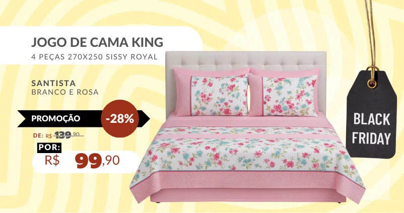 Jogo De Cama King 4 Peças 270x250 Sissy Royal Santista Branco e Rosa