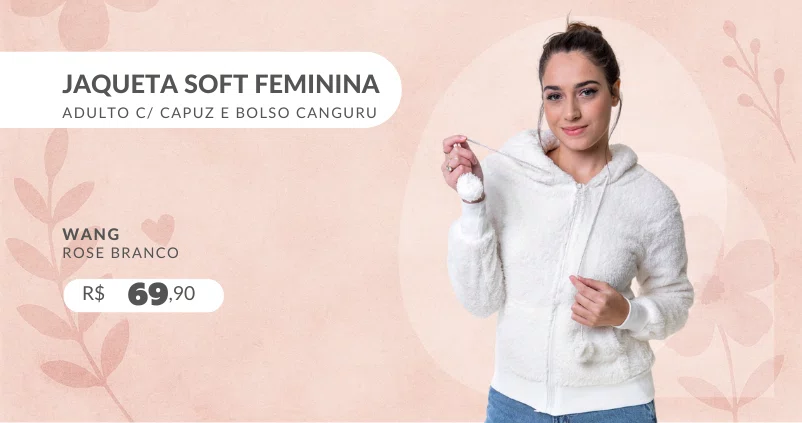 Jaqueta Soft Feminina Adulto Com Capuz e Bolso Canguru Hono18 Blz Rose Branco