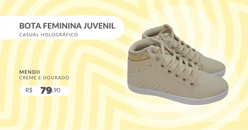 Bota Feminina Juvenil Casual Holográfico MDIBK80 Mendii Creme e Dourado