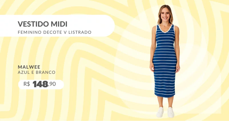 Vestido Midi Feminino Decote V Listrado 1000123823 Malwee Azul e Branco