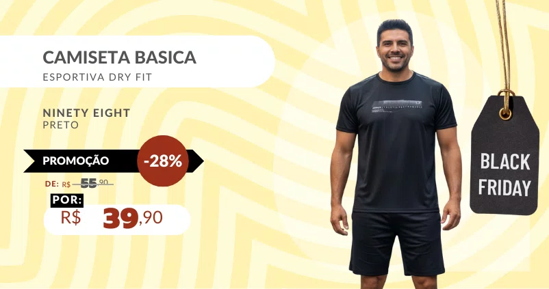 Camiseta Básica Esportiva Dry Fit 10.14.1162 Ninety Eight Preto