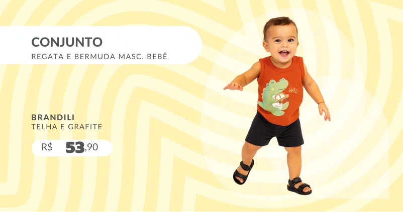 Conjunto Regata e Bermuda Masculino Bebê P/G 26841 Brandili Telha e Grafite