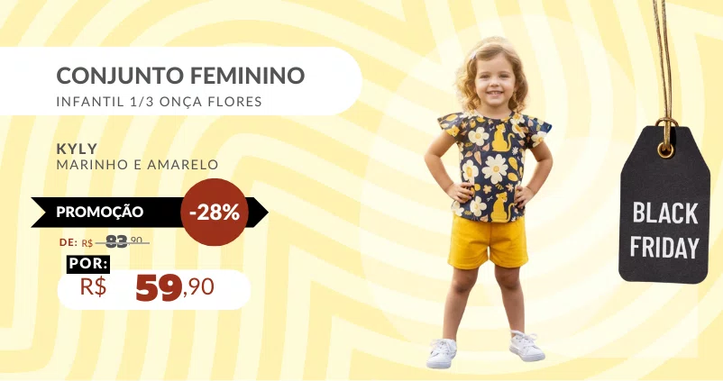 Conjunto Feminino Infantil 1/3 Onça Flores 1001012 Kyly Marinho e Amarelo