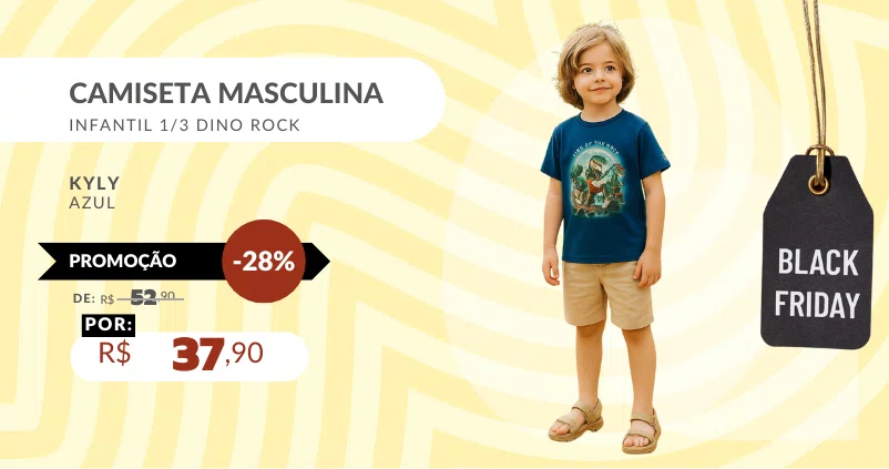 Camiseta Masculina Infantil 1/3 Dino Rock 1001075 Kyly Azul