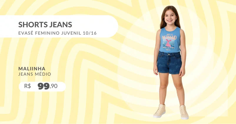 Shorts Jeans Evasê Feminino Juvenvil 10/16 6001 Maliinha Jeans Médio
