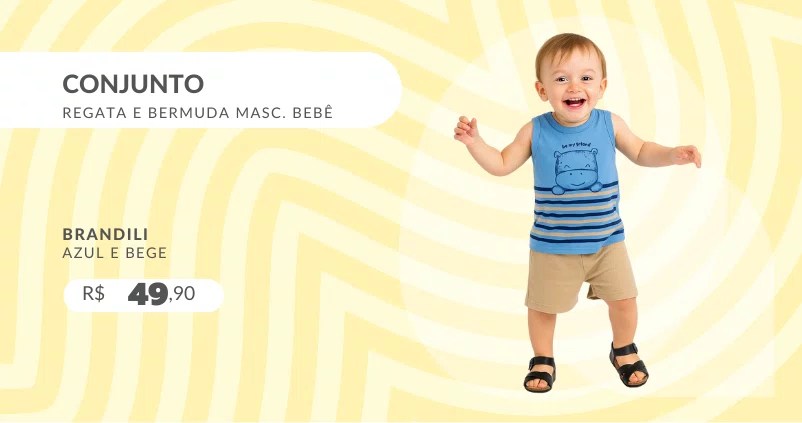 Conjunto Regata e Bermuda Masculino Bebê P/G 26839 Brandili Azul e Bege