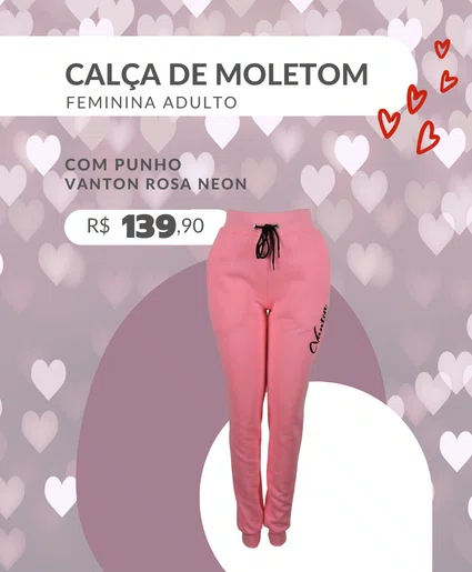Calça De Moletom Feminina Adulto Com Punho 26233 Vanton Rosa Neon