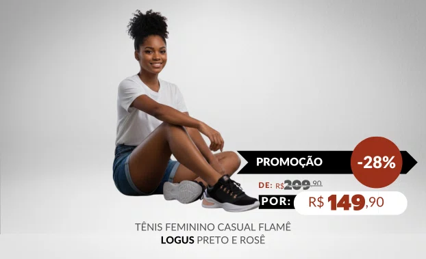 Tênis Feminino Casual Flamê 22490P Logus Preto e Rosê