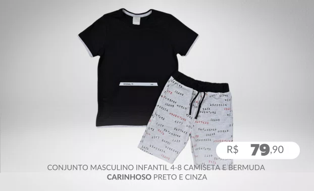 Conjunto Masculino Infantil 4-8 Camiseta e Bermuda 1000073792 Carinhoso Preto e Cinza