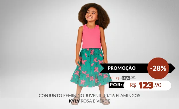 Conjunto Feminino Juvenil 10/16 Flamingos 1001046 Kyly Rosa e Verde