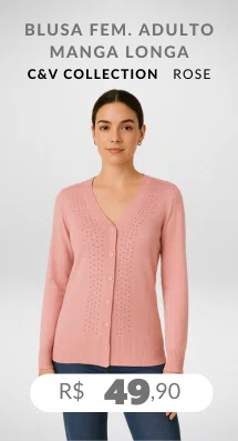 Blusa Feminina Adulto Manga Longa Linha Detalhe Strass e Botão 1663 C&V Collection Rose