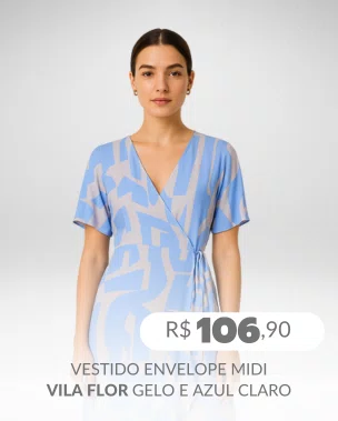 Vestido Envelope Midi Manga Curta V566T Vila Flor Gelo e Azul Claro