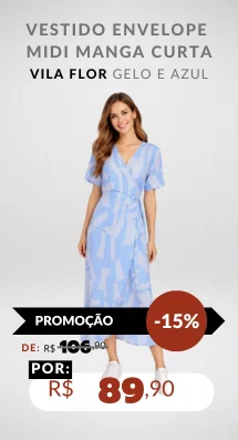 Vestido Envelope Midi Manga Curta V566T Vila Flor Gelo e Azul Claro