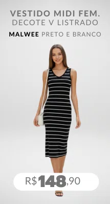 Vestido Midi Feminino Decote V Listrado 1000123823 Malwee Preto e Branco