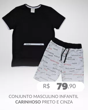Conjunto Masculino Infantil 4-8 Camiseta e Bermuda 1000073792 Carinhoso Preto e Cinza