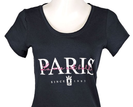 Baby Look Feminina Adulto Manga Curta Estampa Paris F90004 Over Preto