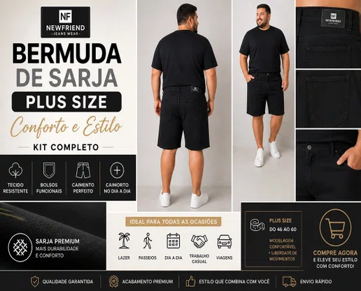 Bermuda De Sarja Masculina Plus Size Newfriend Preto