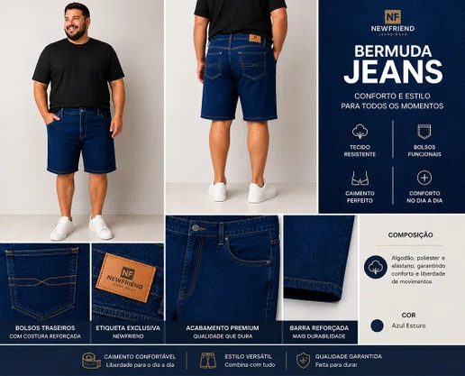 Bermuda Jeans Masculina Plus Size Newfriend Azul