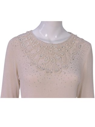 Blusa Feminina Adulto Manga Longa Linha Detalhe Strass e Pérola C&V Collection 1655 Bege