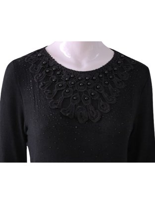 Blusa Feminina Adulto Manga Longa Linha Detalhe Strass e Pérola C&V Collection 1655 Preto