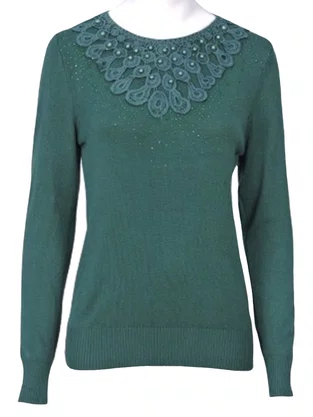 Blusa Feminina Adulto Manga Longa Linha Detalhe Strass e Pérola C&V Collection 1655 Verde