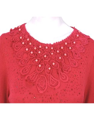 Blusa Feminina Adulto Manga Longa Linha Detalhe Strass e Pérola C&V Collection 1655 Vermelho