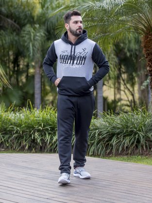 Blusão De Moletom Masculino Adulto Estampa Logomarca Com Bolso Canguru 23040 Vanton  Cinza e Preto