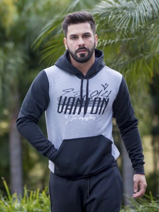 Blusão De Moletom Masculino Adulto Estampa Logomarca Com Bolso Canguru 23040 Vanton  Cinza e Preto