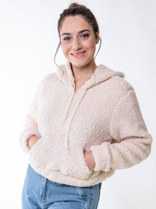 Blusão Manga Longa Teddy Feminino Adulto Detalhe Em Pelo Com Zíper 06.34.0004 Mosaico Creme