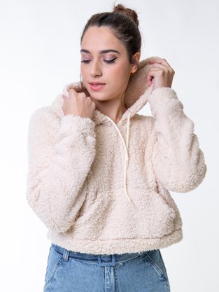 Blusão Manga Longa Teddy Feminino Adulto Detalhe Em Pelo Com Zíper 06.34.0004 Mosaico Creme