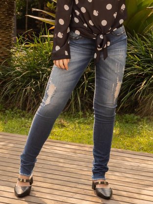 Calça Jeans Skinny Feminina Adulto Destroyed Detalhe Botões 1861 Leris Jeans