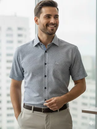 Camisa Manga Curta Quadriculada Masculina 1541021 Ogochi Marinho e Branco
